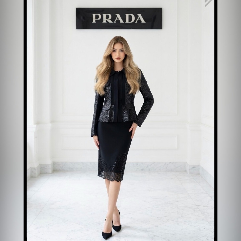 Elegant Rare Vintage Prada Black Lace Trim Peplum Jacket